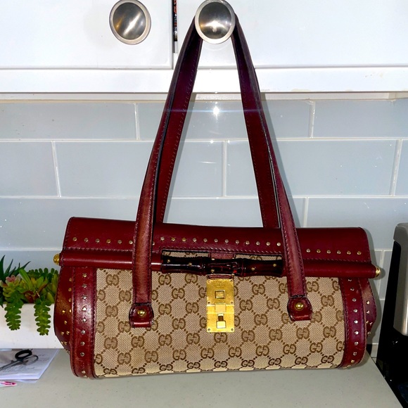 VINTAGE STUDDED BORDEAUX GUCCI BAMBOO BULLET BAG w/ BRASS HARDWARE & ACCENTS - Picture 1 of 12
